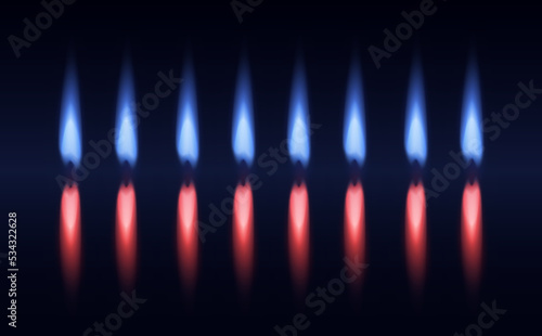 Natural gas flames and red fire. Composition, reflection on blue background.