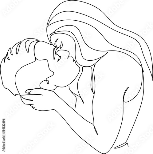 One continuous, single line  drawing of a woman and a man. Hugs of a young couple, lovers, woman and man. Doodles. Romantic.