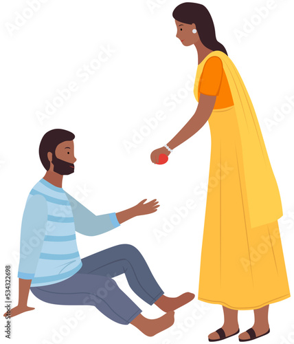 Volunteer woman give apple, food donation to homeless person in street. Caring girl deliver donate charity nutrition to people in need. Charitable activity, help. Jobless poor person in crisis