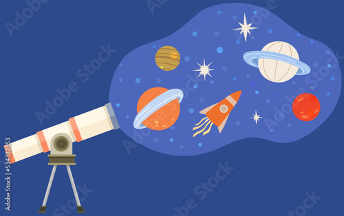 Astronomy, scientifical research of sky. Exploration of universe nature, satellites and planets. Telescope for observing space objects. Stargazing equipment for working with galaxy exploration