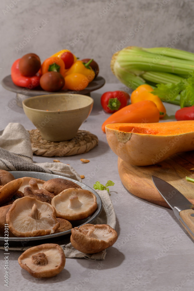 Autumn vegetables arranged on a kitchen worktop Autumn vegetables arranged on a kitchen worktop
