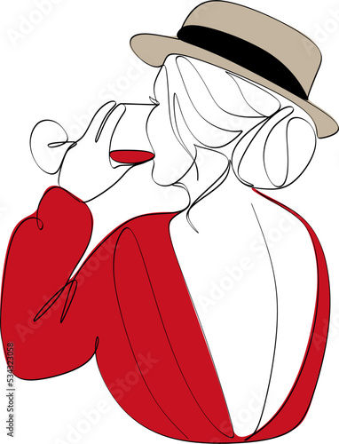 Girl drinks wine or champagne from a glass. Linear silhouette of a woman with a glass goblet. Drawing in one continuous line. Linear glamour logo in minimal for wine label.