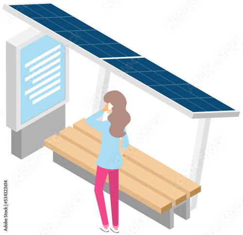 Public transport stop with solar panels on roof. Technologies of future, modern smart city concept. Use of renewable energy sources green energy for clean environment alternative energy infrastructure