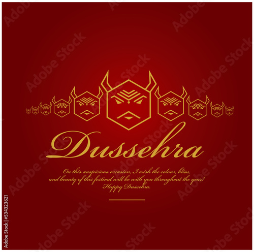 Happy dussehra greetings in golden text. Hexagon Ravan illustration.