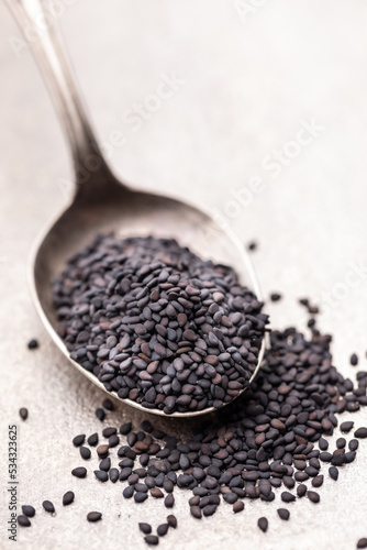 Bio natural black sesame seeds on mettal spoon.