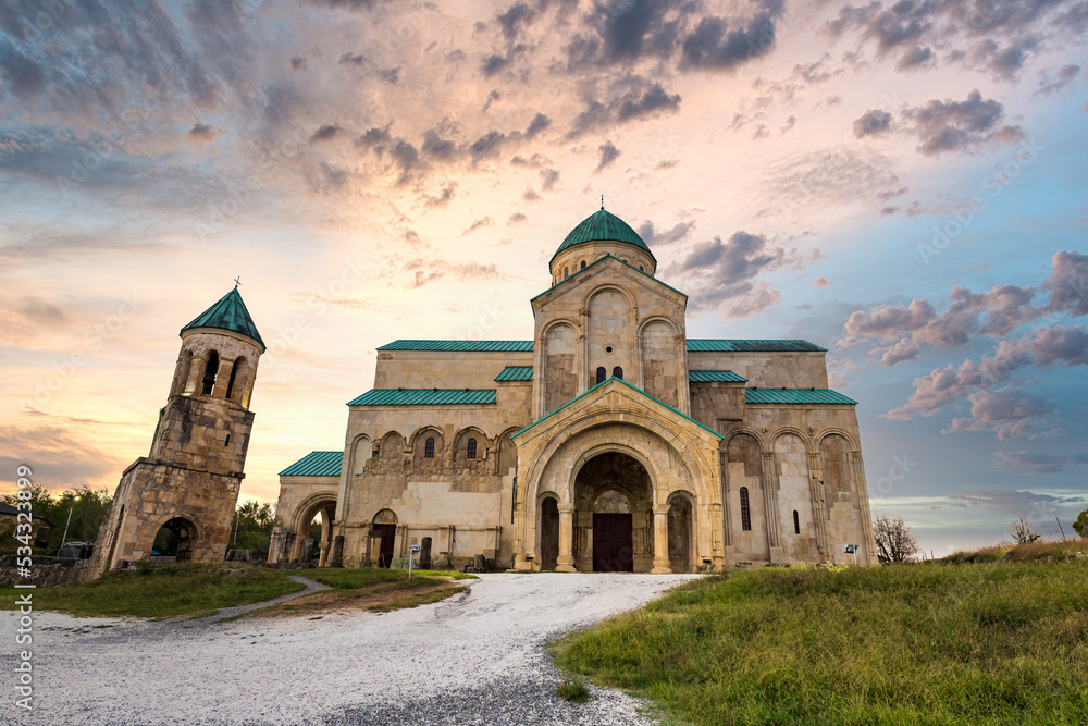 Bagrati Cathedral in Kutaisi, Georgia with sunset sky. Bagrati Cathedral is a tourist attraction in Kutaisi, Georgia