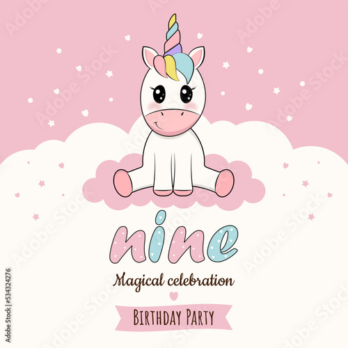 Invitation, birthday card with unicorn. 9 years. Vector illustration