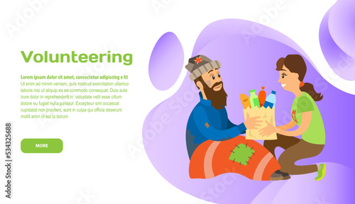 Volunteering online, help people with disabilities, assistance. Charity donation website landing page tamplate. Woman giving food to poor homeless man. Support for needy, houseless, hobo concept