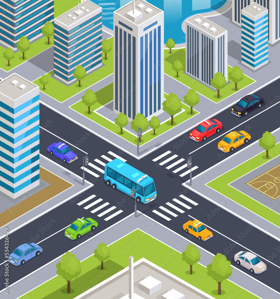 Crossroad street of downtown in city. Intersection with cars while driving in urban landscape. Track with road marking and traffic. Highway, intersecting roads with passenger and public transport