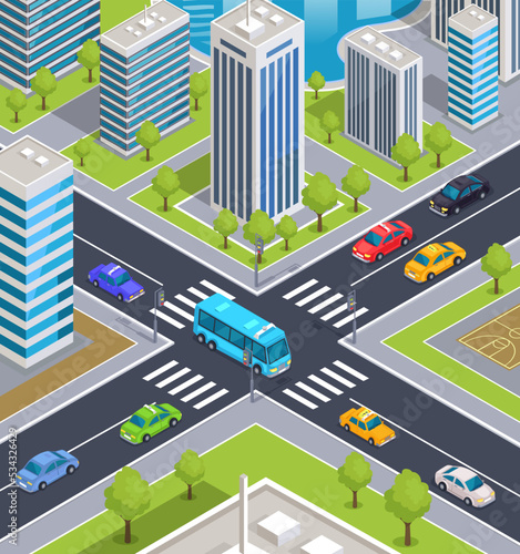 Crossroad street of downtown in city. Intersection with cars while driving in urban landscape. Track with road marking and traffic. Highway  intersecting roads with passenger and public transport
