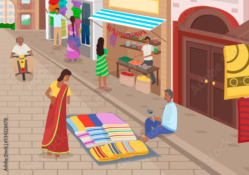 Indian market with people and different shops with ancient cityscape at background. Textiles, fabrics, carteps, spices, sweets, vegetables. Asian characters, oriental bazaar, authentic marketplace
