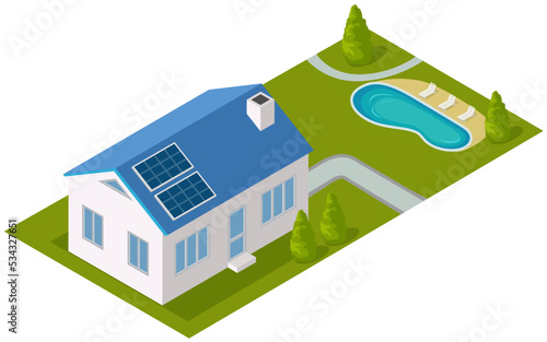 Country house, dacha, small cottage with solar panels on roof, green lawn, swimming pool in yard, building industry, compact holiday residence pleasant to live and relax. Family house with terrace