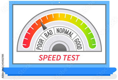 Speed test application, website loading speed optimization with server testing, web programming, mobile app development, and page software. Computer with speedometer, power progress adjusting