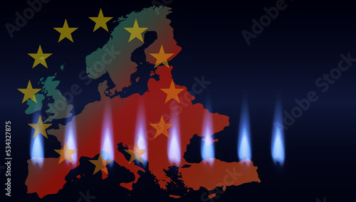 Energy crisis background. Red map of Europe on blue background with blue stars and flames. Concept of gas problems. 