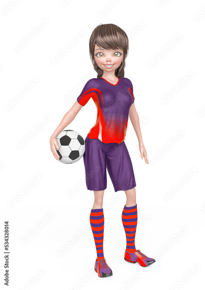 soccer girl is smiling and ready to play football with the ball under her arms in white background