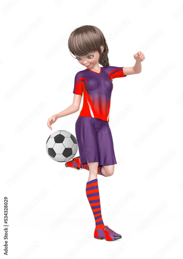 soccer girl is controlling the ball with the heel in white background