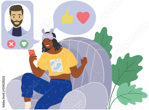 Smiling woman with smartphone using dating app. Program for communication and online choosing of people. Girl chooses boyfriend on website for meeting. Relationship finder application on screen
