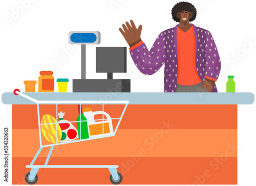 Supermarket store counter desk equipment and clerk in uniform sells products, grocery purchases. Sales employee working with customers in store or technology department. Happy man waving hand