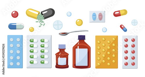 Set of colorful medicines in cartoon style. Vector illustration of medicines for the treatment of various diseases in the form of tablets, pills, antibiotics and syrups on white background.