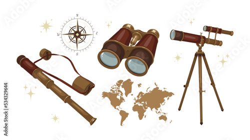 Set of brown binoculars in cartoon style. Vector illustration of instruments for traveling in ancient times like binoculars, telescope, spyglass, map on white background.