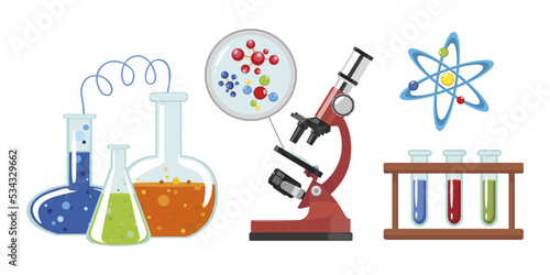 Set of colorful scientific experiments in cartoon style. Vector illustration of flasks and potions with mixed substances, microscope with view of different molecules on white background.