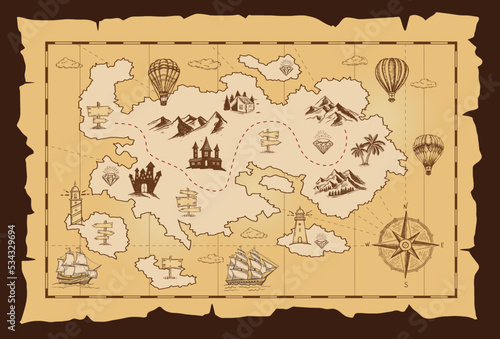 Old treasure map vector sketch. Hand drawn illustrations, vector.	
