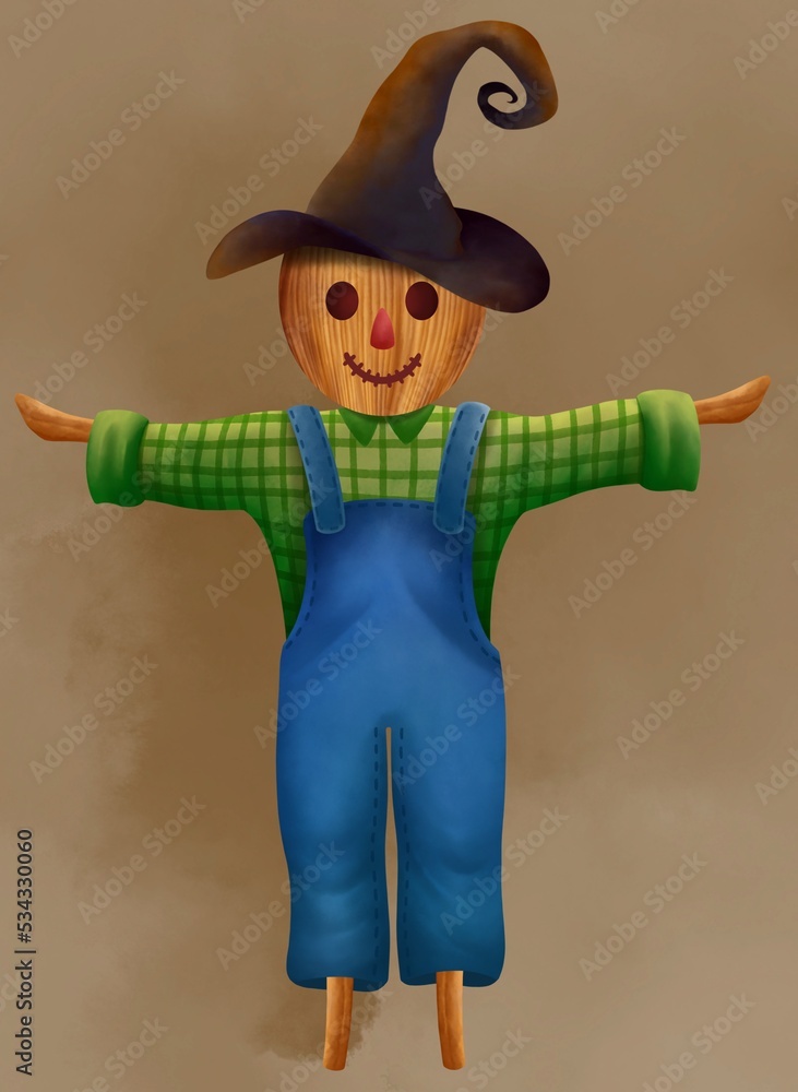 Cute cartoon scarecrow wearing witch hat watercolor illustration Stock ...