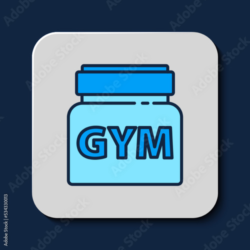 Filled outline Sports nutrition bodybuilding proteine power drink and food icon isolated on blue background. Vector