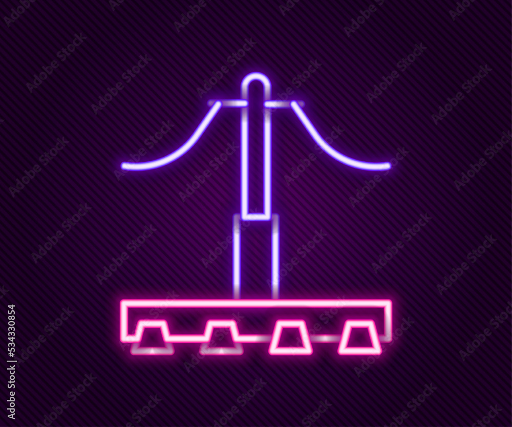 Glowing neon line Railway icon isolated on black background. Railroad overhead lines. Contact wire. Colorful outline concept. Vector Glowing neon line Railway icon isolated on black background. Railroad overhead lines. Contact wire. Colorful outline concept. Vector