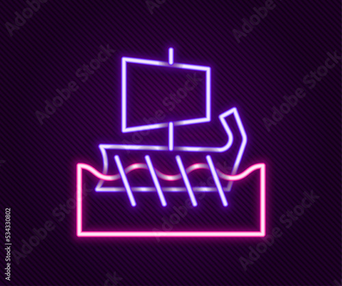 Glowing neon line Ancient Greek trireme icon isolated on black background. Colorful outline concept. Vector