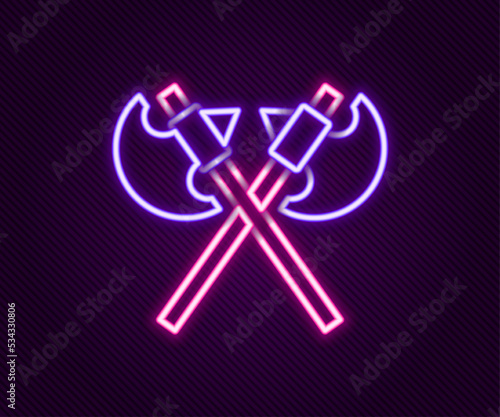 Glowing neon line Crossed medieval axes icon isolated on black background. Battle axe, executioner axe. Medieval weapon. Colorful outline concept. Vector