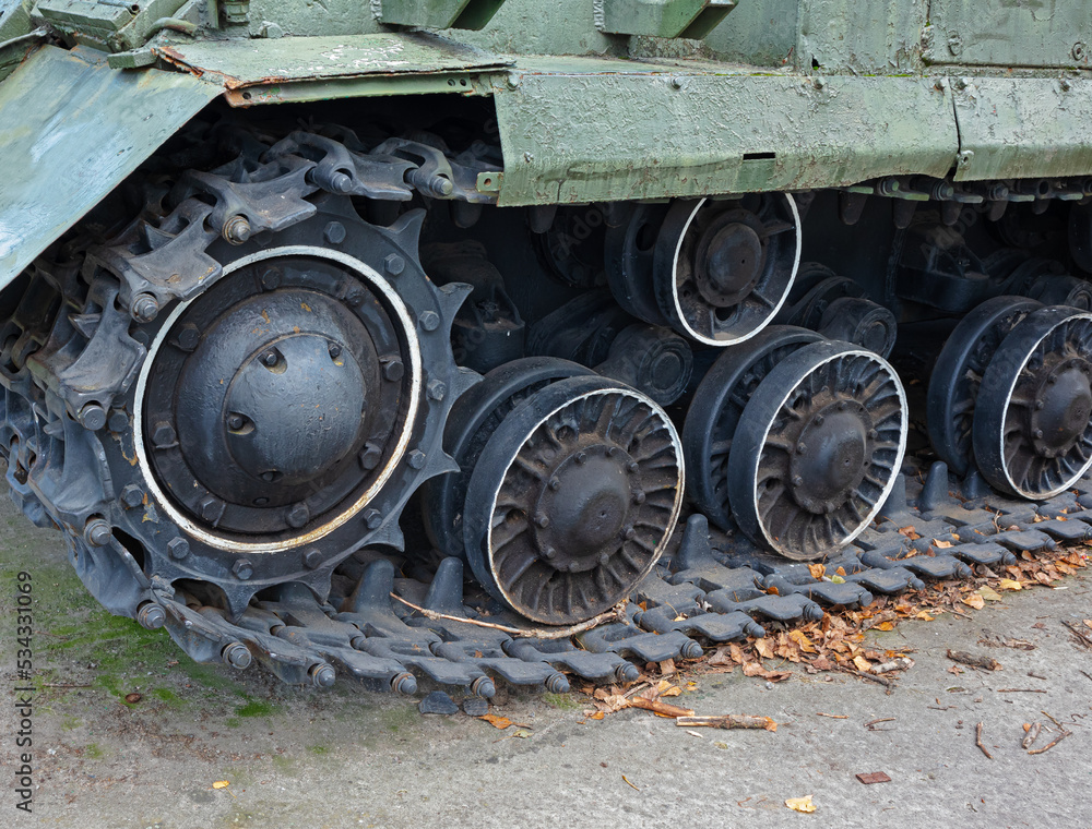 Tank track close-up. Old military equipment outdoors
