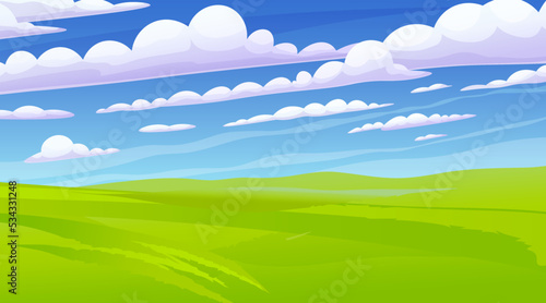Background Nature landscape with cloudy sky, hills and grass on foreground. Cartoon meadow scenery. Summer green fields view, spring lawn hill and blue sky, green grass fields, countryside scene