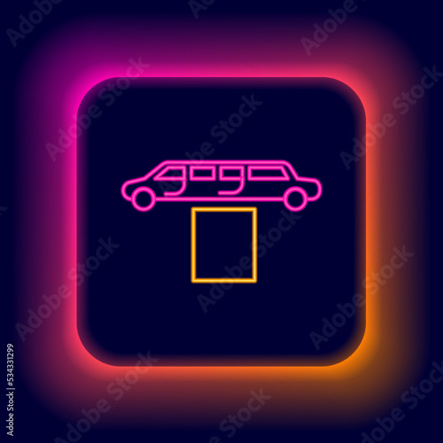 Glowing neon line Luxury limousine car and carpet icon isolated on black background. For world premiere celebrities and guests poster. Colorful outline concept. Vector