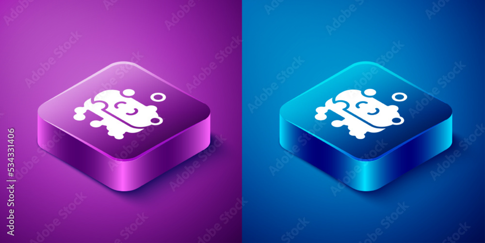 Isometric Bar of soap with foam icon isolated on blue and purple background. Soap bar with bubbles. Square button. Vector Isometric Bar of soap with foam icon isolated on blue and purple background. Soap bar with bubbles. Square button. Vector