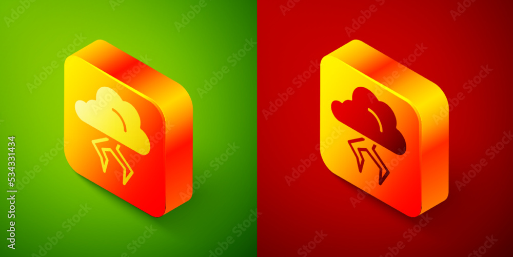 Isometric Storm icon isolated on green and red background. Cloud and lightning sign. Weather icon of storm. Square button. Vector Isometric Storm icon isolated on green and red background. Cloud and lightning sign. Weather icon of storm. Square button. Vector