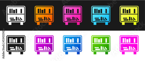 Set Shelf with books icon isolated on black and white background. Shelves sign. Vector