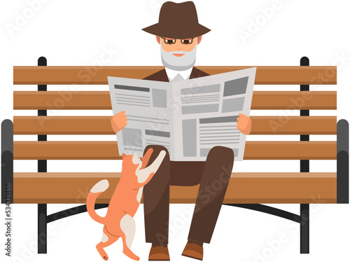 Old man reading newspaper on bench. Elderly male character relaxing with cat in park. Reader wearing fashionable hat with publication press. Retired person with cute pet, domestic animal outdoor