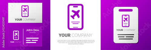 Logotype Smartphone with electronic boarding pass airline ticket icon isolated on white background. Passenger plane mobile ticket for web and app. Logo design template element. Vector