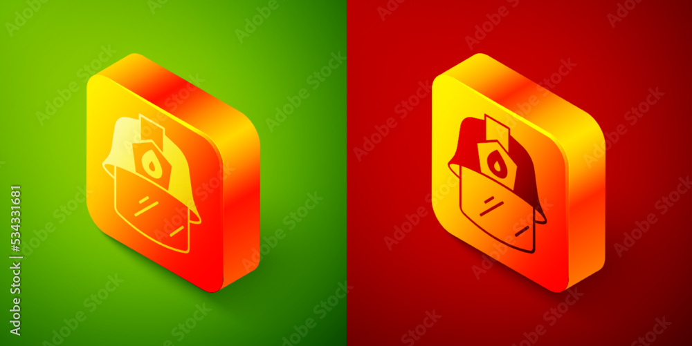 Isometric Firefighter helmet or fireman hat icon isolated on green and red background. Square button. Vector Isometric Firefighter helmet or fireman hat icon isolated on green and red background. Square button. Vector