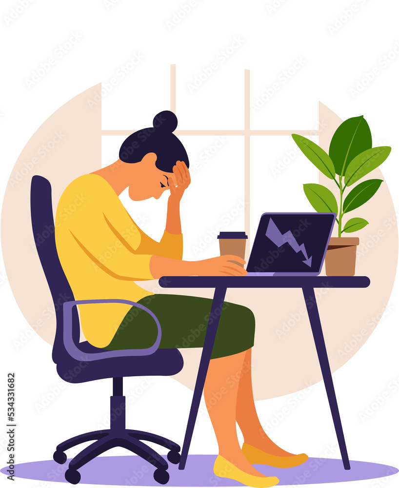 Professional burnout syndrome. Illustration tired female office worker sitting at the table. Frustrated worker, mental health problems. 