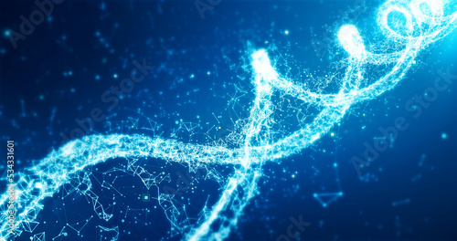 Blue DNA molecule, Double Helix, human genome. Medical research, genetic engineering, biology. Abstract Background, 3D illustration of Deoxyribonucleic acid molecule