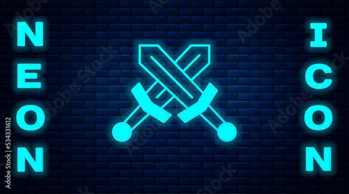 Glowing neon Crossed medieval sword icon isolated on brick wall background. Medieval weapon. Vector