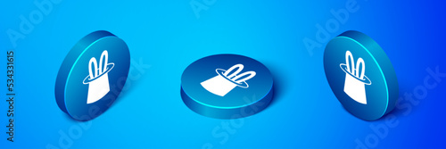 Isometric Magician hat and rabbit ears icon isolated on blue background. Magic trick. Mystery entertainment concept. Blue circle button. Vector