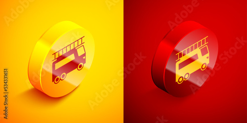 Isometric Fire truck icon isolated on orange and red background. Fire engine. Firefighters emergency vehicle. Circle button. Vector