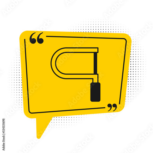 Black Hacksaw icon isolated on white background. Metal saw for wood and metal. Yellow speech bubble symbol. Vector