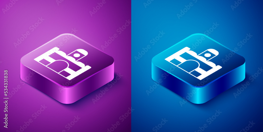 Isometric Egyptian house icon isolated on blue and purple background. Square button. Vector Isometric Egyptian house icon isolated on blue and purple background. Square button. Vector