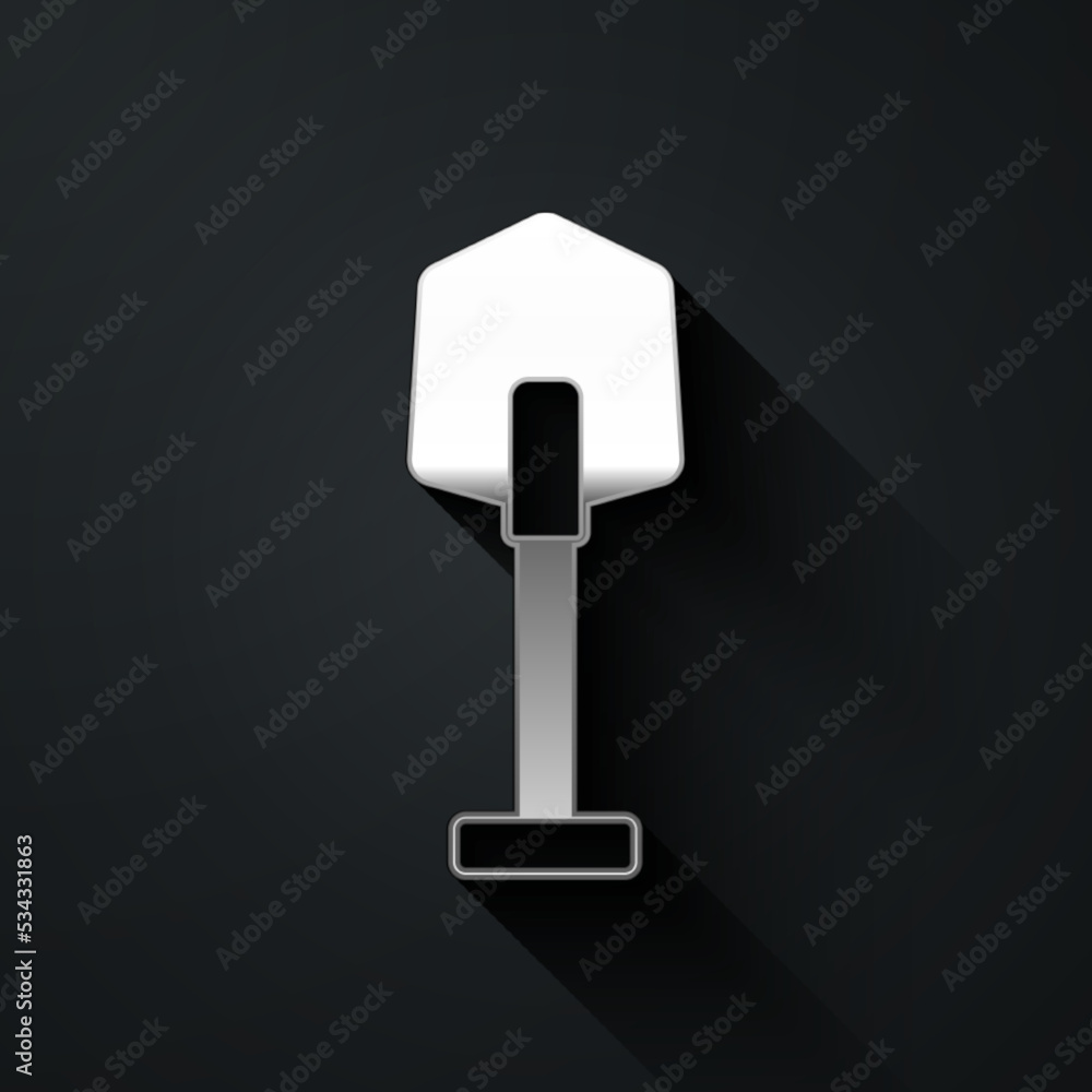 Silver Fire shovel icon isolated on black background. Fire protection equipment. Equipment for firefighter. Long shadow style. Vector Silver Fire shovel icon isolated on black background. Fire protection equipment. Equipment for firefighter. Long shadow style. Vector