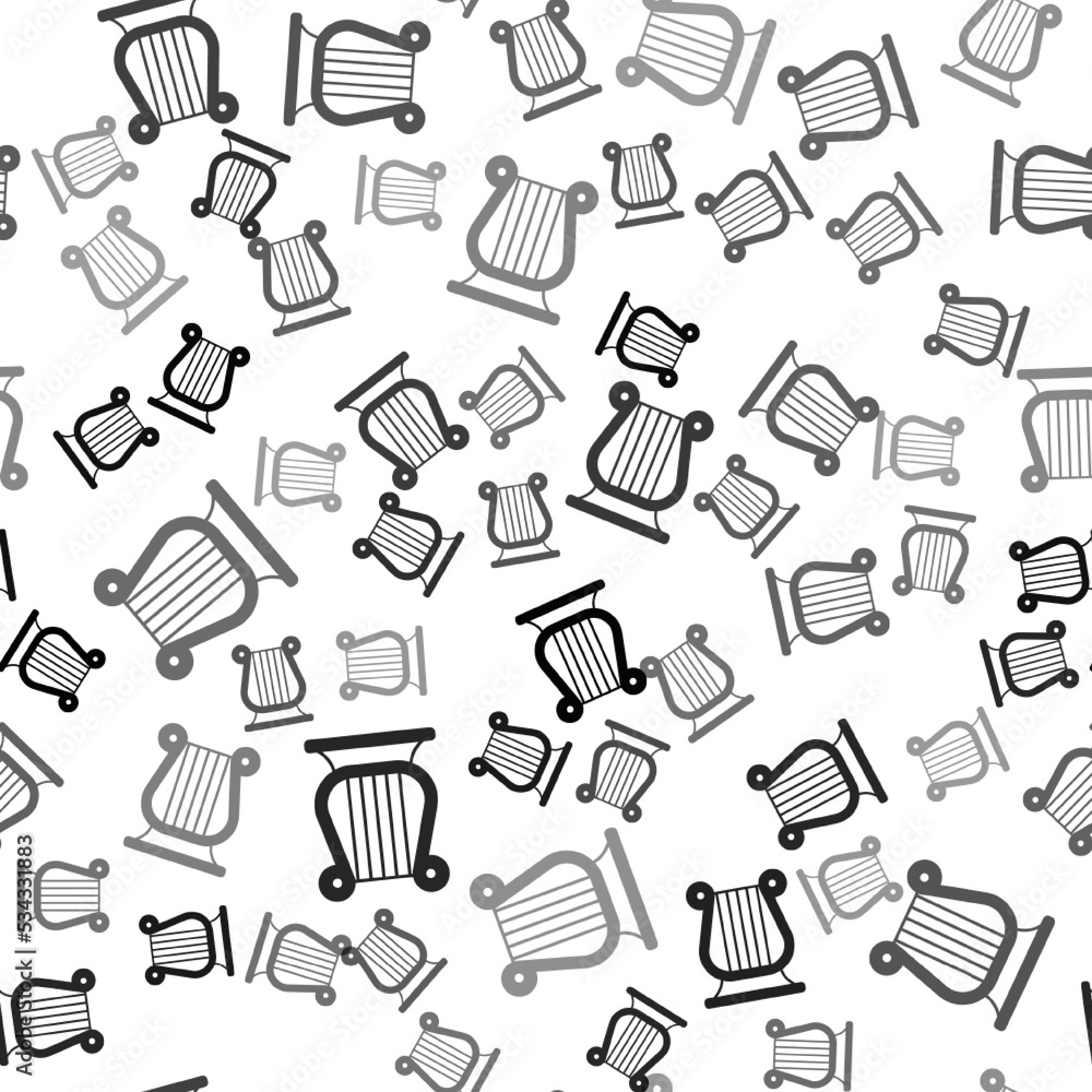 Black Ancient Greek lyre icon isolated seamless pattern on white background. Classical music instrument, orhestra string acoustic element. Vector Black Ancient Greek lyre icon isolated seamless pattern on white background. Classical music instrument, orhestra string acoustic element. Vector