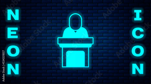Glowing neon Church pastor preaching icon isolated on brick wall background. Vector